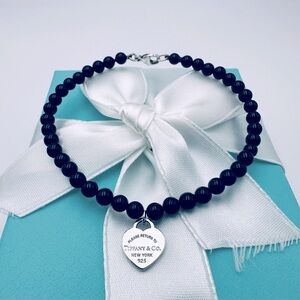 Return to Tiffany & Co. Heart Charm Onyx 4 mm Bead Bracelet with Packaging